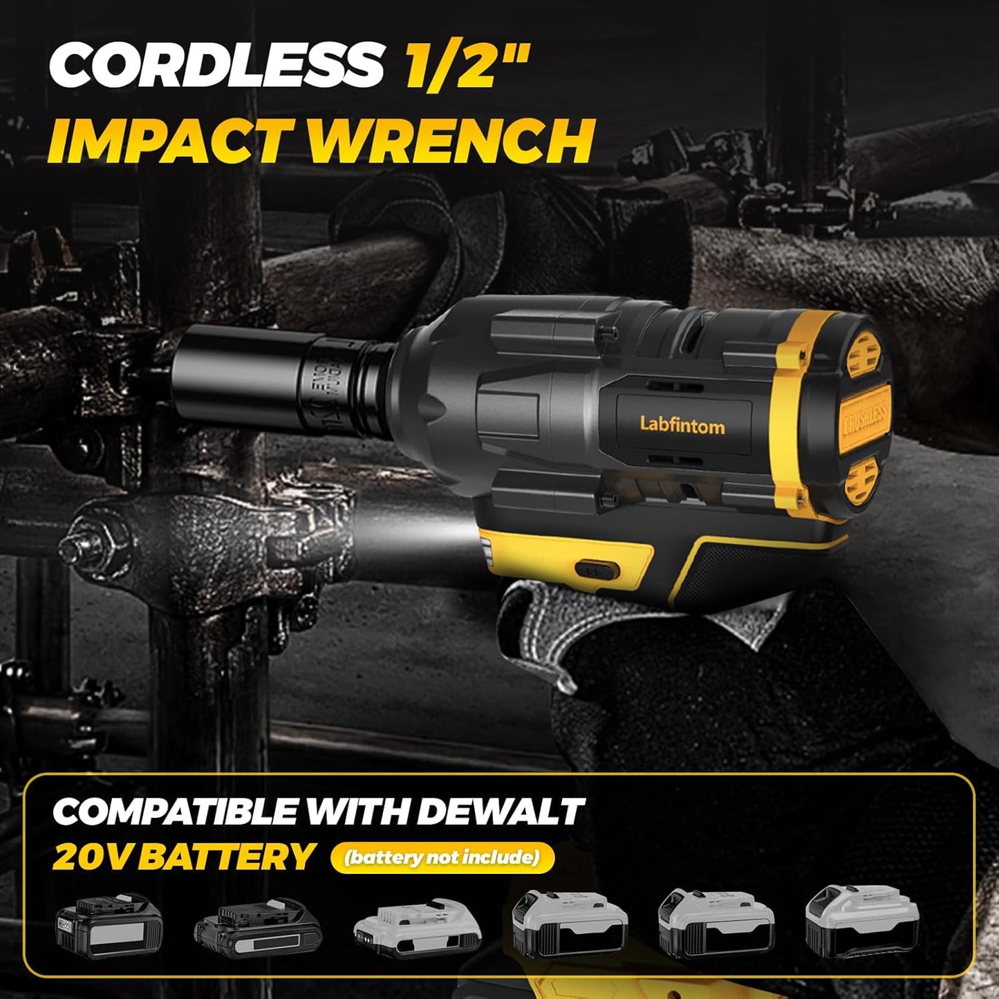 Cordless Impact Wrench for De-Walt 20V Battery, 1/2" High Torque Impact Gun, 900Ft-Lbs(1200N.M) Brushless Power Impact Driver with 4-Mode Speed, LED Work Light (Battery NOT Included)