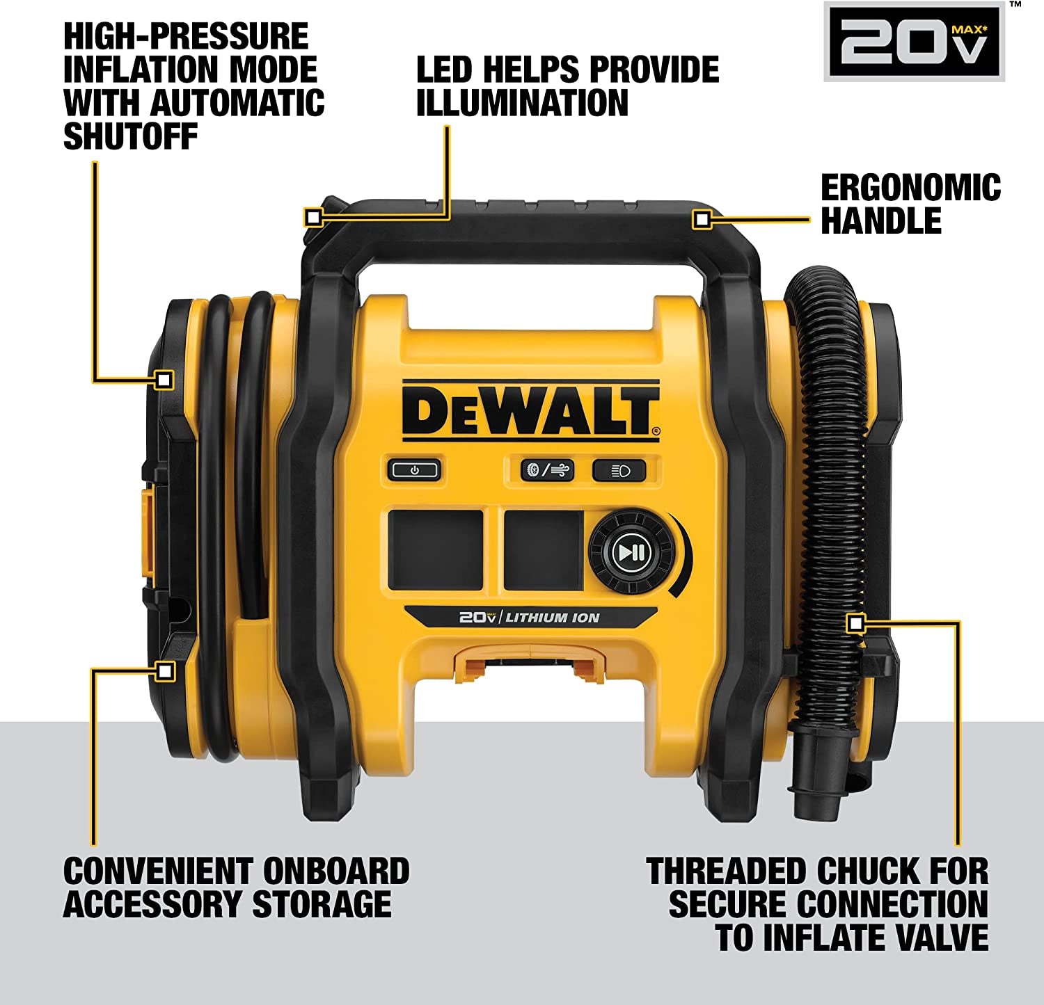 DeWalt 20V MAX Tire Inflator Compact and Portable Automatic Shut Off LED Light Bare Tool Only (DCC020IB)