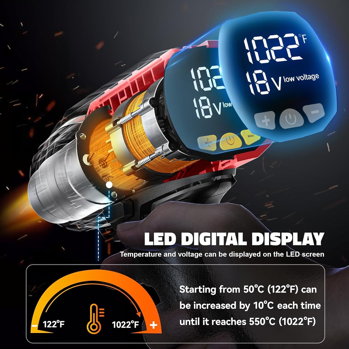 Heat Gun for Milwaukee M18 Battery: 350W Cordless Battery Powered Heat Gun 122℉~1022℉ (50℃~550℃) - 18V Variable Temperature Control Heat Shrink Gun W/Led Digital Display for Shrink Tubing, Vinyl Wrap