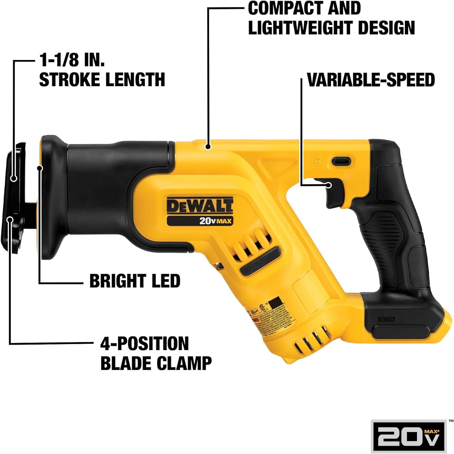 DeWalt 20V MAX Cordless Reciprocating Saw Compact Variable Speed LED Light Bare Tool Only (DCS387B)