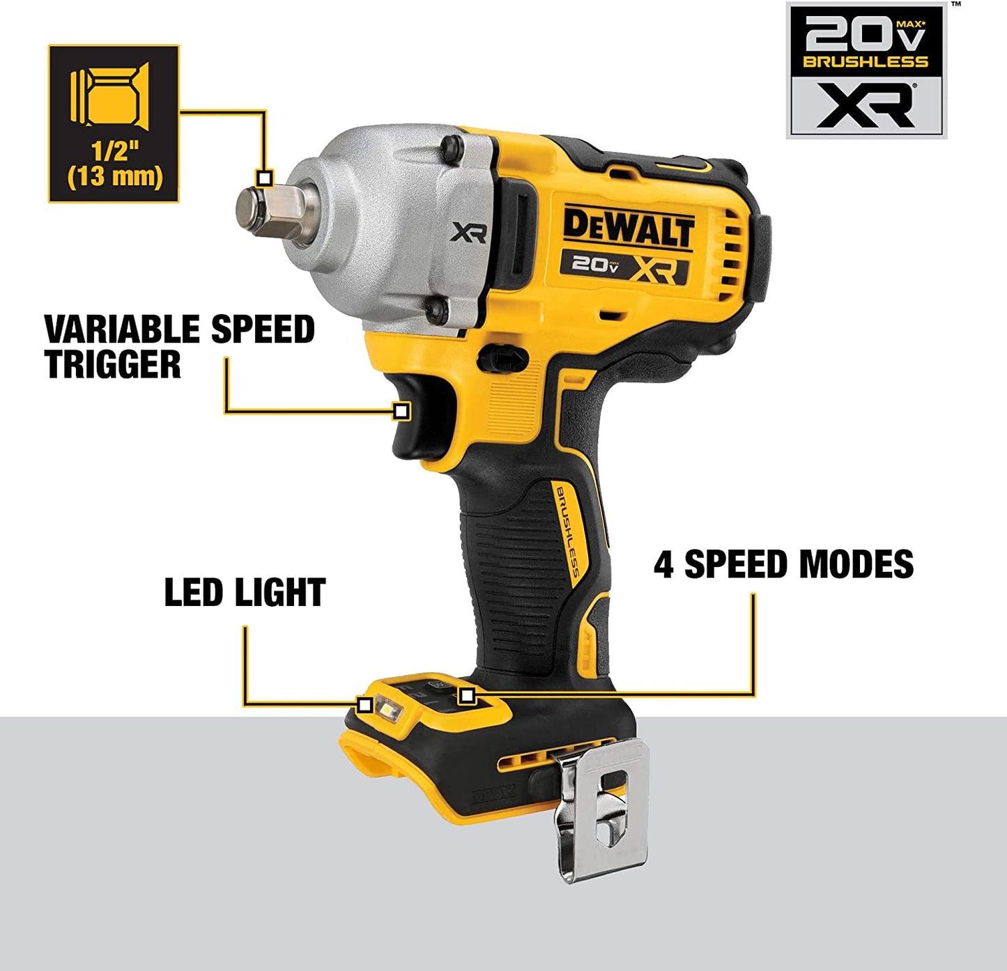 DeWalt 20V MAX Cordless Impact Wrench 1/2" Hog Ring Includes LED Work Light and Belt Clip Bare Tool Only (DCF891B)