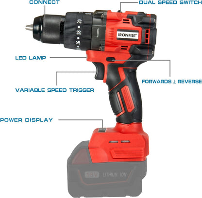 Cordless Drill for Milwaukee M18 Batteries, 1/2” Metal Self Lock Chuck, 150Nm MAX Torque, 2 Variable Speed 20+3 Position, Professional Drill/Driver (NO BATTERY)