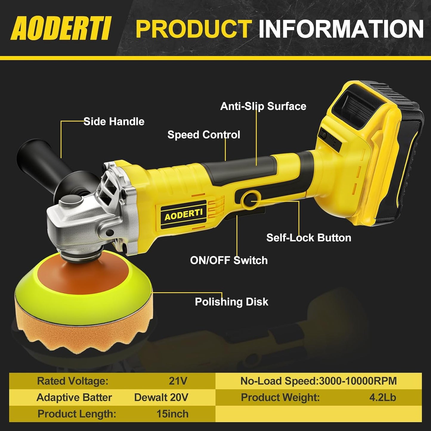 Cordless Buffer Polisher Compatible with DEWALT 20V Max Battery 5000-10000RPM Variable Speed Brushless Motor Car Buffer Lightweight Rotary Polisher for Boat Car Polishing and Waxing (Tool Only)