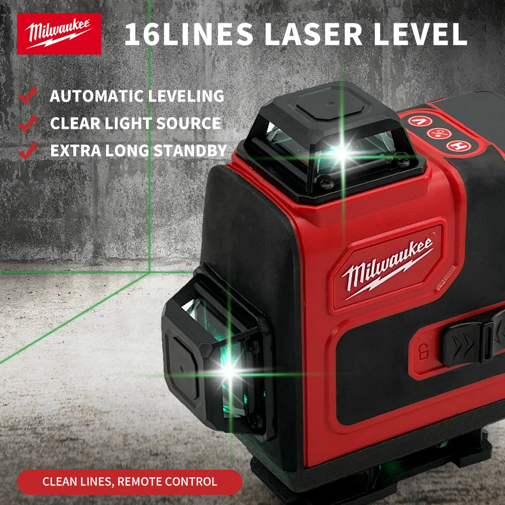 Milwaukee 16 Lines Laser Level Green Light Horizontal Vertical Cross Laser Level Construction Tool Rechargeable Battery Tools