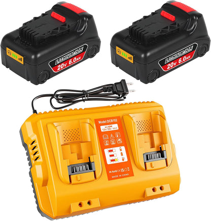 20V Max Battery Replacement for Dewalt Battery 6.0Ah 2Pack with DCB102 Battery Charger Station for DCB Series