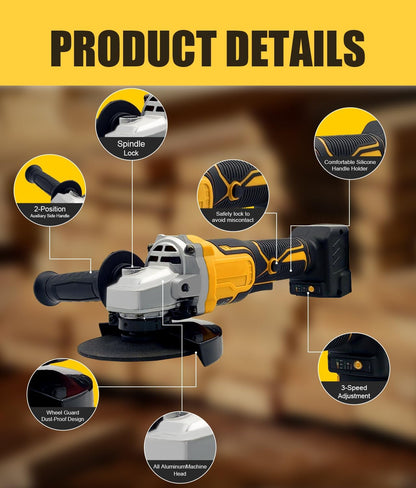 Cordless Angle Grinder for Dewalt 20V Battery 11000 RPM Electric Brushless Motor 3 Variable Speeds Grinders 4-1/2" Angle Grinder for Cutting Grinding Polishing (Tool Only)