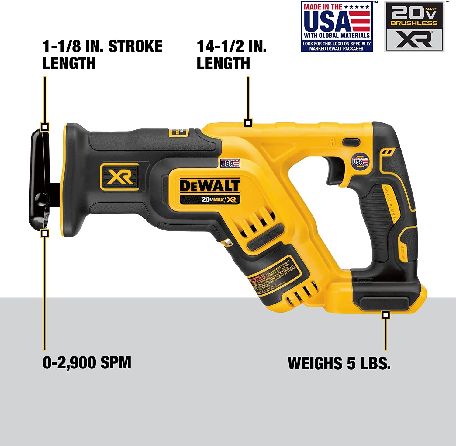 DeWalt 20V MAX* XR Reciprocating Saw, Compact, Tool Only (DCS367B), Black