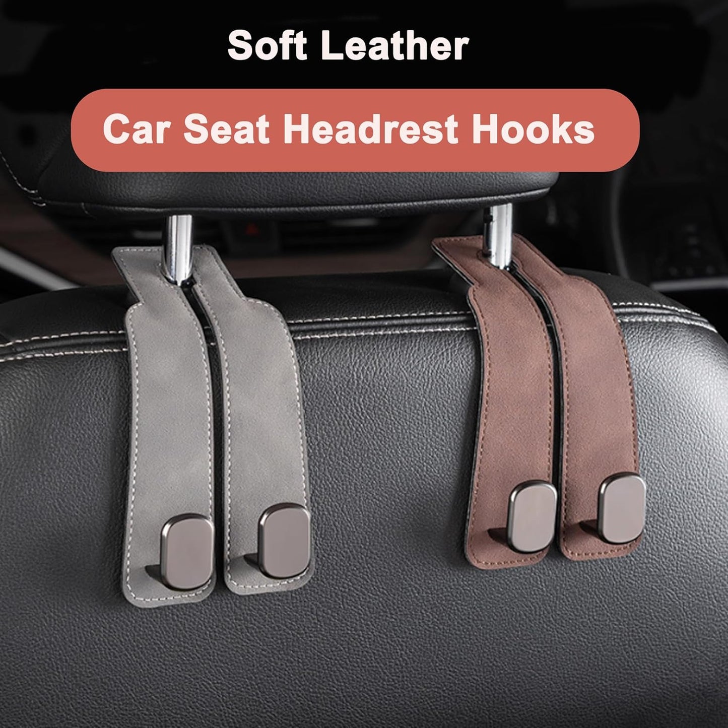 Car Hooks for Headrest, Car Seat Back Storage Hook for Headrest, Headrest Hooks for Purses and Bags, Car Hooks Leather (Black-2 Pack)