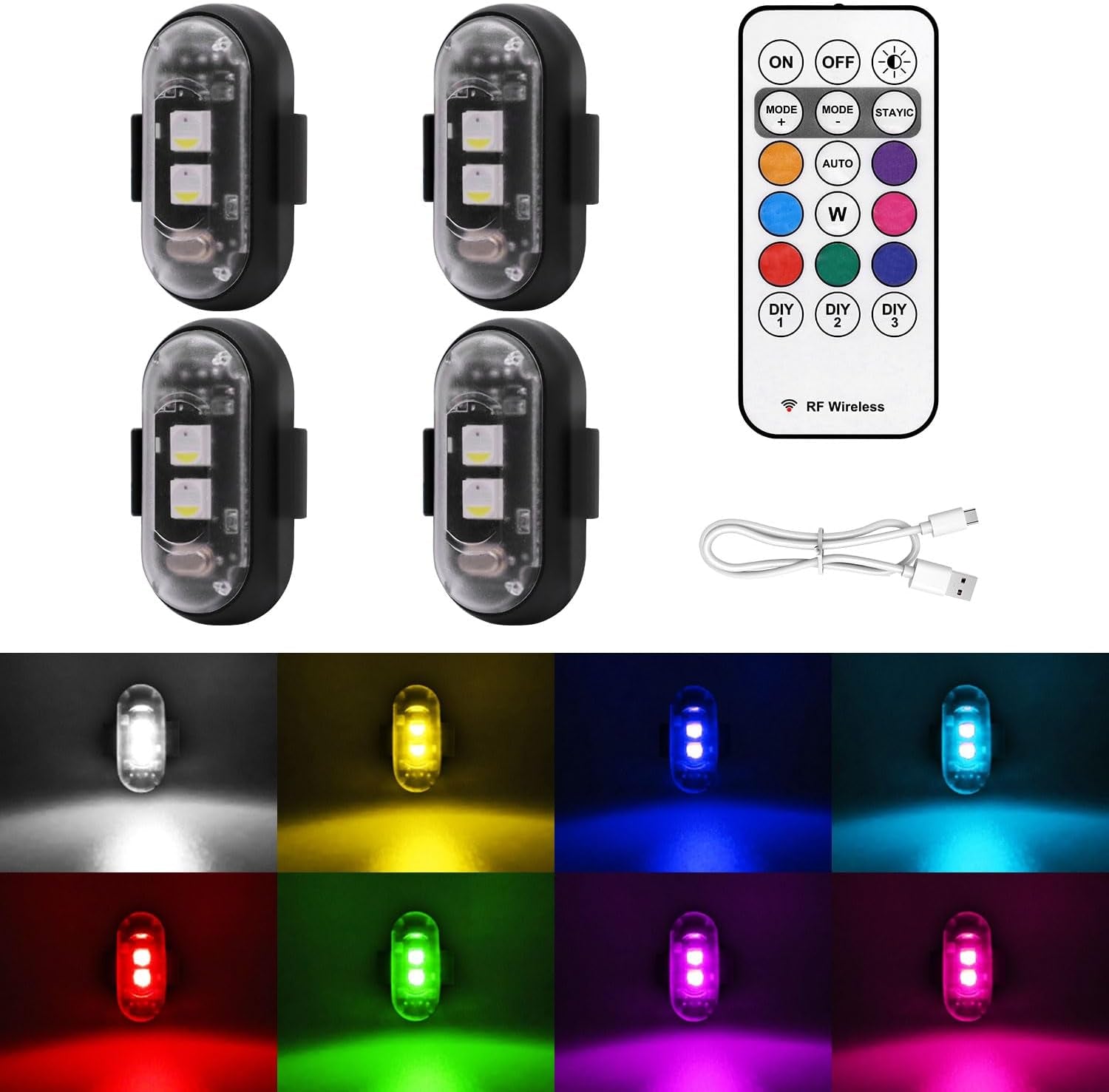 4PCS Wireless LED Strobe Lights with Remote Control, 8 Colors USB Charing Waterproof Anti-Collision Led Emergency Warning Lights for Car Motorcycle Drone Aircraft Bike