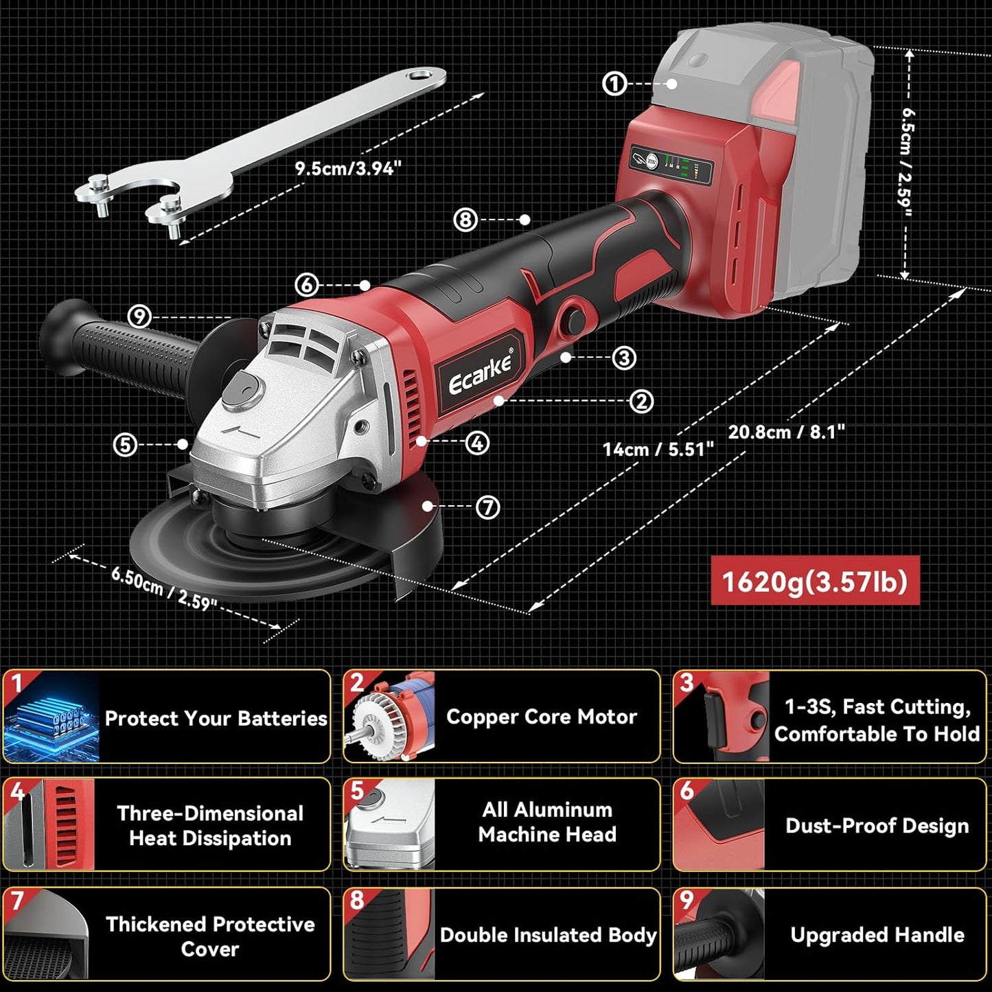 Cordless Power Angle Grinder for Milwaukee 18V Battery, 4-1/2-INCH Electric Brushless Grinder 8500 RPM with Adjustable Handle,Cut off Tool for Grinding Wheels, Cutting,Industrial,Grind