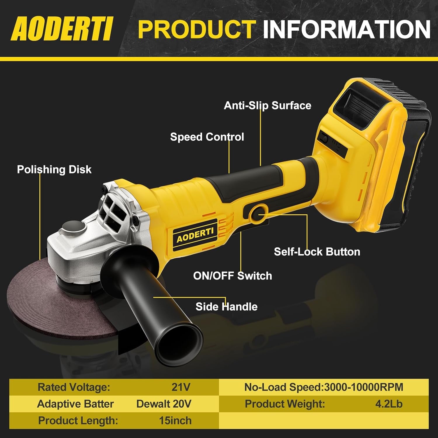 Cordless Angle Grinder for DEWALT 20V Max Battery, 10000RPM Brushless Grinder Tool, 4-1/2'' Electric Grinders Power Tools with Grinding Wheels and Auxiliary Handle for Cutting, Grinding (Tool Only)