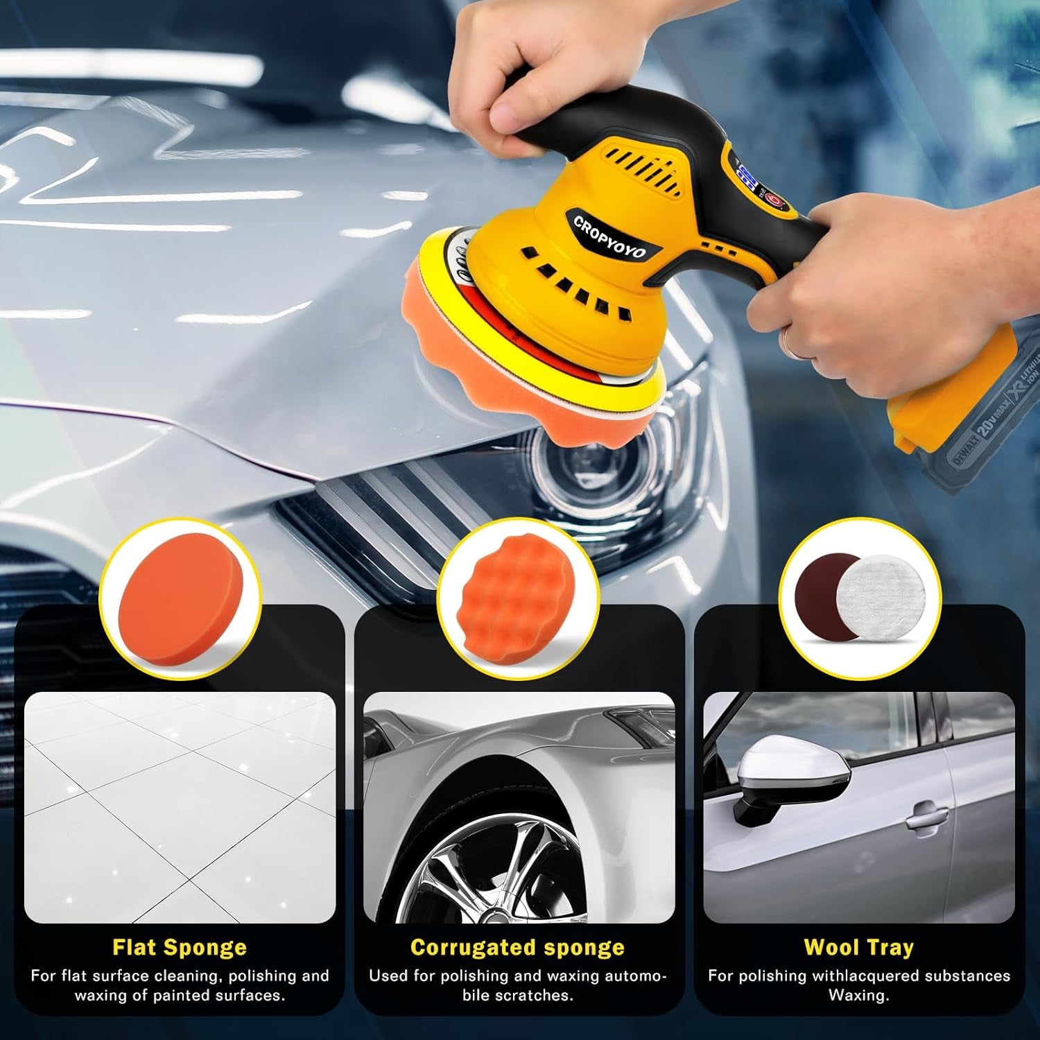 Cordless Car Buffer Polisher Compatible for Dewalt 20V Battery Polishers and Buffers with 6 Variable Speed up to 5500RPM Car Buffer Polisher for Car Detailing/Polishing/Waxing(Battery Not Included)