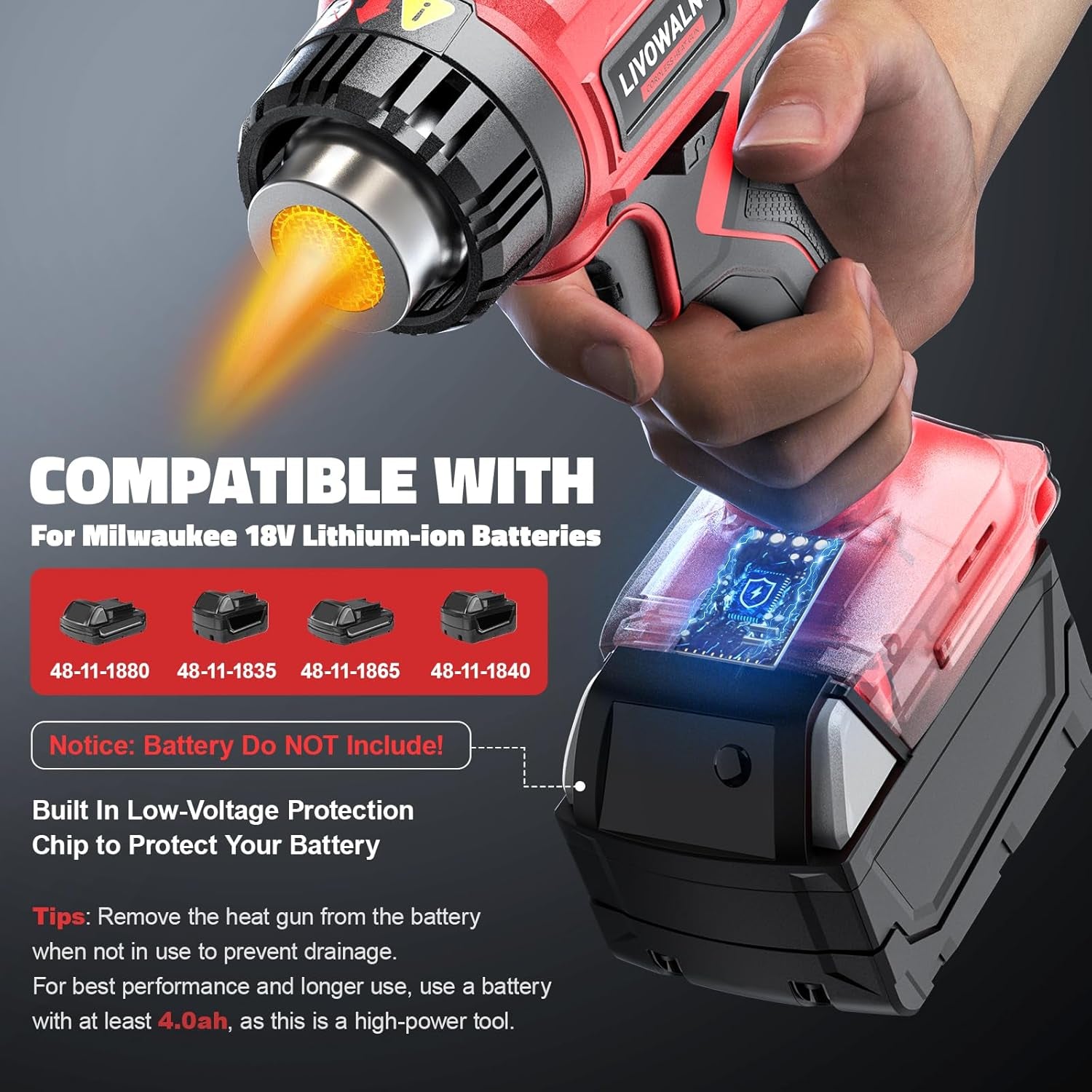 Heat Gun for Milwaukee M18 Battery: 350W Cordless Battery Powered Heat Gun 122℉~1022℉ (50℃~550℃) - 18V Variable Temperature Control Heat Shrink Gun W/Led Digital Display for Shrink Tubing, Vinyl Wrap