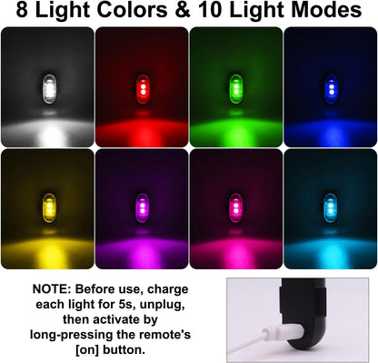 4PCS Wireless LED Strobe Lights with Remote Control, 8 Colors USB Charing Waterproof Anti-Collision Led Emergency Warning Lights for Car Motorcycle Drone Aircraft Bike