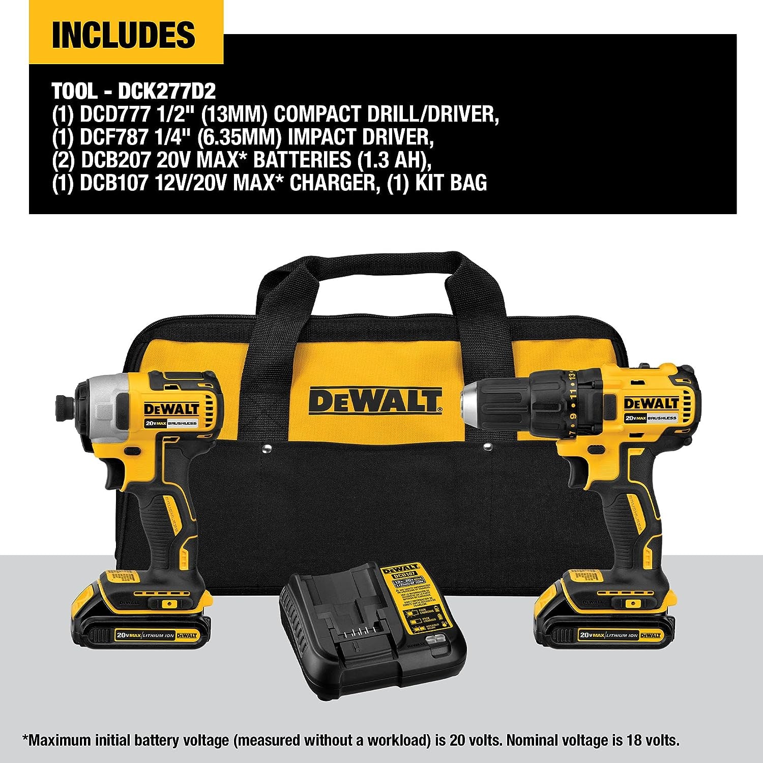 DeWalt 20V MAX Cordless Drill Impact Driver 2-Tool Power Tool Combo Kit Brushless Power Tool Set with 2 Batteries and Charger Included (DCK277D2)