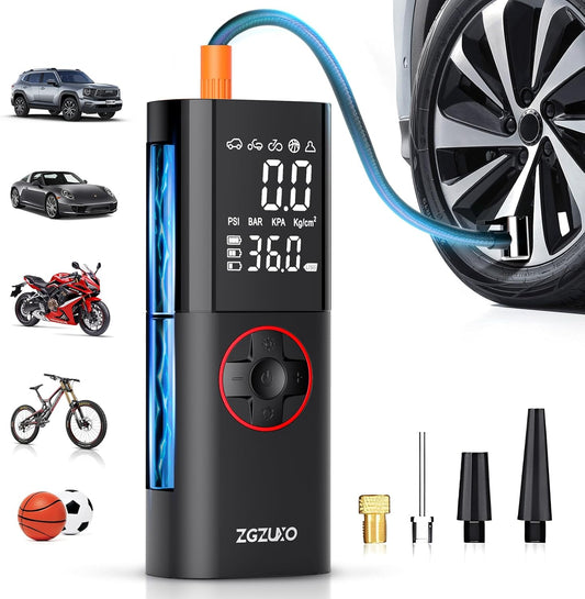 Tire Inflator Portable Air Compressor, Rechargeable Air Pump for Car Tires, 150PSI Portable Tire Inflator for Car, Cordless Bike Tire Pump with Pressure Gauge, LCD Dual Screen, Motorcycle Pump