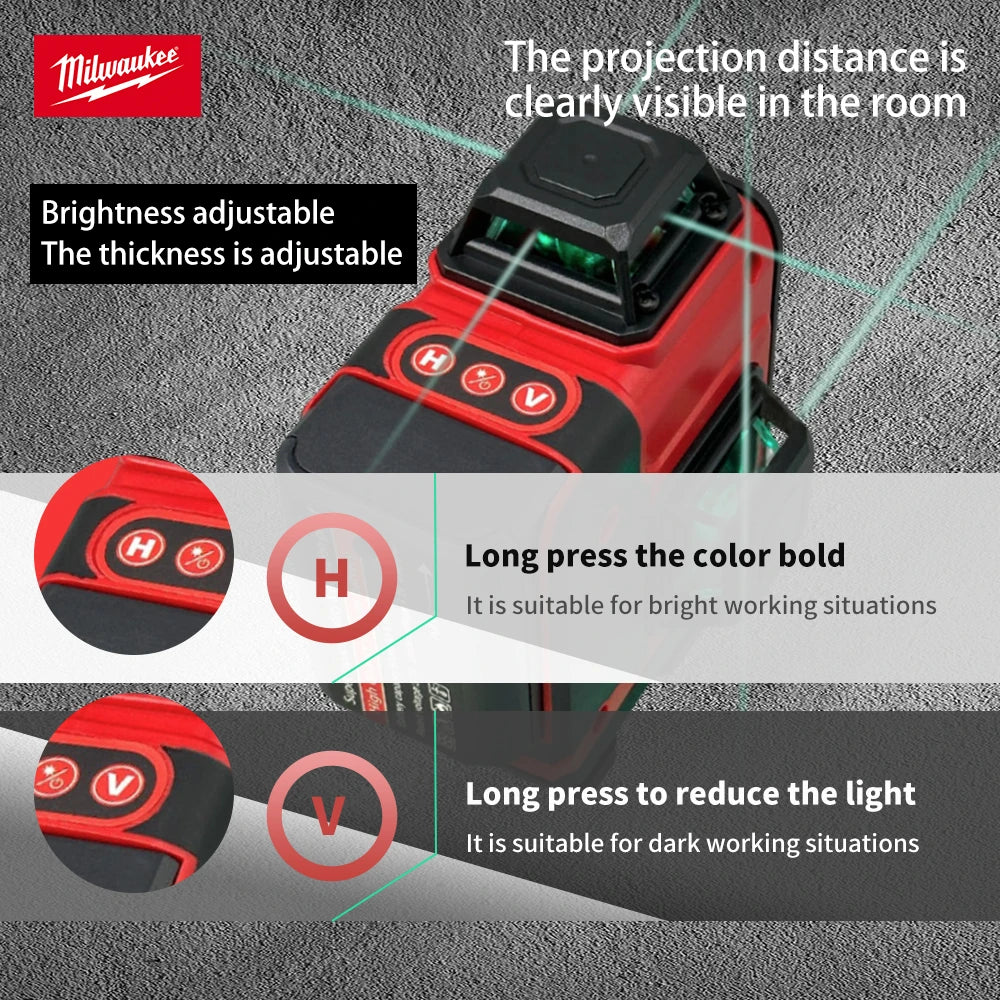 Milwaukee 16 Lines Laser Level Green Light Horizontal Vertical Cross Laser Level Construction Tool Rechargeable Battery Tools